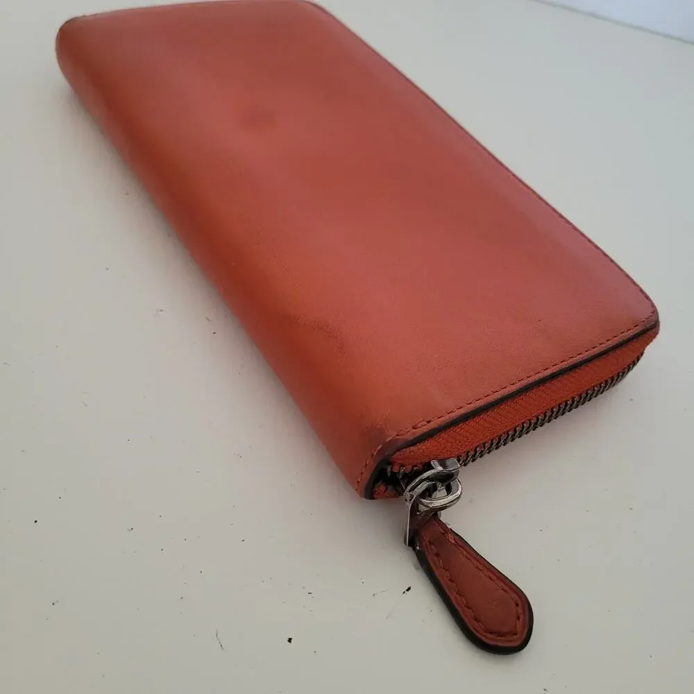 Coach Leather Wallet Solid Red‎ Zip Around Large Clutch Geniue Smooth Leather